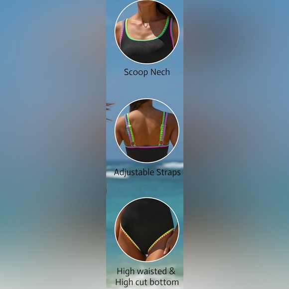 NEW L popvil Women's One Piece Swimsuit Bathing Suit Neon 1 Piece Black - Picture 3 of 6